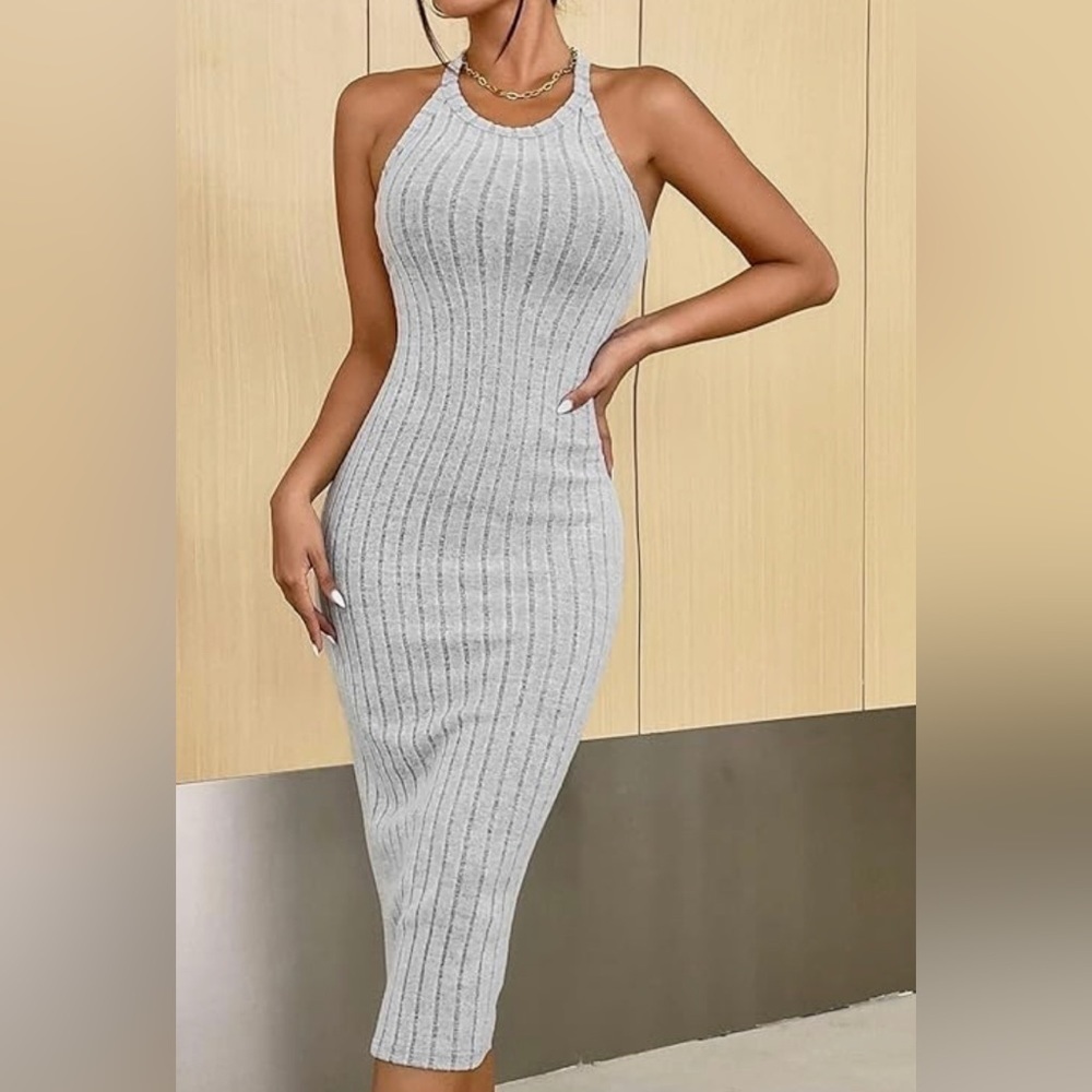 NWT Womens Gray Halter Ribbed Bodycon Sweater Midi Dress - Picture 9 of 17
